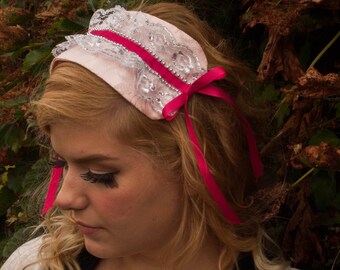Pink Lolita Headband with Silver Lace and Bright Pink Ribbon