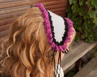Silver Lolita Headband with Fuschia Lace and Black Celtic Knotwork Trim