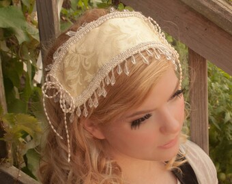 Yellow Jacquard Lolita Headband with Bead Fringe and Faux Pearl Bows
