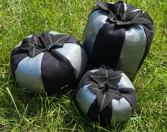 Trio of Stuffed Black and Silver Glitter Pumpkins
