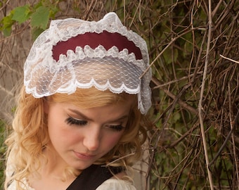 Burgundy Lolita Cap with Lace and Flower Trim