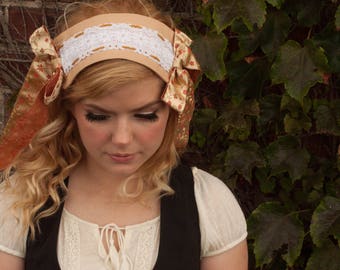 Tan Lolita Cap with Asian Jacquard Bows and White Lace