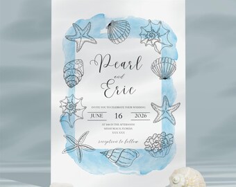 May include: A wedding invitation with a blue watercolor background and a white border. The invitation features a hand-drawn illustration of seashells and starfish. The text on the invitation reads "Pearl and Eric" and includes the date "June 16, 2026".