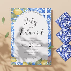 Mediterranean Wedding Invitation - Destination Wedding | Blue Tiles, Lemon | Almalfi | Sicily | Italy | Greece