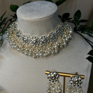 Classy Gold Plated Floral Pearl Choker Set - Indian/Pakistani Vintage Ethnic Desi Bridal Wedding Jewelry, South Asian Fashion