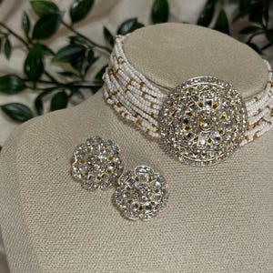 Traditional Gold Plated Austrian Stone and Pearl Choker Set - Indian/Pakistani Vintage  Desi Bridal Wedding Jewelry, South Asian Fashion