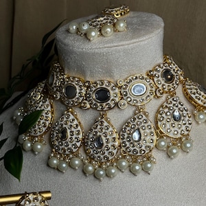 Traditional Off White Meenakari Choker Set - Indian/Pakistani Vintage Ethnic Desi Bridal Wedding Jewelry, South Asian Fashion