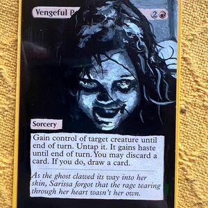 May include: A black and white illustration of a vengeful spirit with a haunting expression. The card is titled "Vengeful P" and is a sorcery card in the Magic: The Gathering game. The card text reads: "Gain control of target creature until end of turn. Untap it. It gains haste until end of turn. You may discard a card. If you do, draw a card."