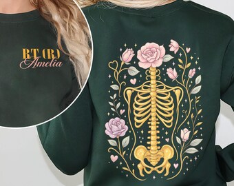 Personalized X-Ray Tech Sweatshirt, Floral Skeleton, Radiology Gift