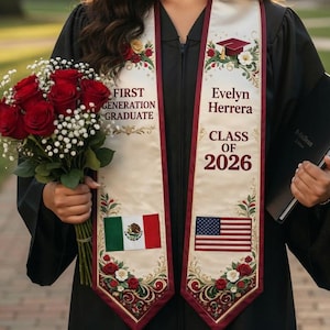 Custom Graduation Stole with Two Flags, Personalized Sash for First Generation Graduate Class of 2025 2026, Dual Heritage Flag Sash
