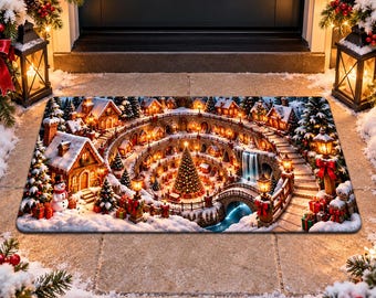 Snow Town Spiral Staircase 3D Round Rug, Christmas Snowy Village Vortex Optical Illusion Floor Mat, Non Slip Xmas Decor, Christmas Decor