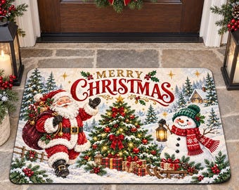 Christmas Santa Claus Snowman Door Mat, Christmas Tree Holiday Floor Decor, Winter Rug, Christmas Rug, Non Slip Festive Floor Mat