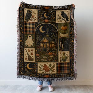 Couverture vintage d'Halloween, jeté patchwork fantôme citrouille chat noir, literie d'automne douillette, décoration de ferme pour la saison des frissons