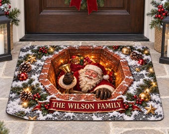 Custom Christmas Santa Claus 3D Illusion Door Mat, Christmas Tree Holiday Floor Decor, Winter Rug, Christmas Rug, Non Slip Festive Floor Mat