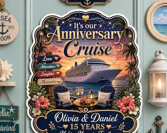 Custom Anniversary Cruise Door Magnet, Personalized Couples Cruise Cabin Decor with Names Date, Honeymoon Vacation Magnet Fridge Locker Gift