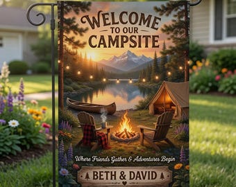 Custom Camping Garden Flag Happy Camper Linen Decor Personalized Campsite Welcome Sign RV Gift, Welcome to Our Campsite, Decor Gift