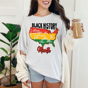 Schwarzer Geschichtsmonat USA-Karte T-Shirt, Afroamerikaner-Erbe-T-Shirt, Bürgerrechtsbewegung-Timeline-Shirt, Melanin-Stolz-Feier-Kleidung