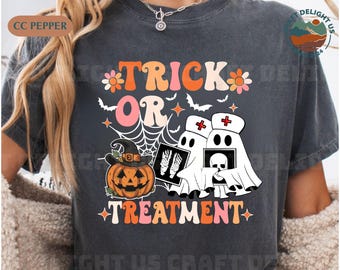 Radiology Trick or Treatment Shirt, Funny Halloween Rad Tech Ghost Tee, Xray Nurse Costume, Cute Medical Fall T-Shirt for Rad Tech