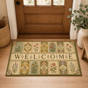 May include: A rectangular doormat featuring a cream-colored center with the word WELCOME printed in dark green letters. The mat is bordered by a series of panels displaying various colorful botanical illustrations of flowers and plants.