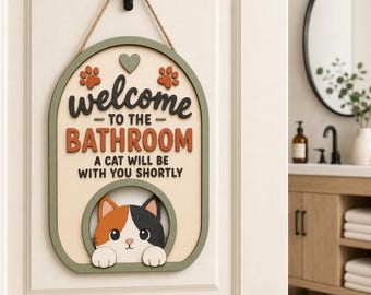 Cat Bathroom Sign, Funny Cat Bathroom Decor, Welcome To The Bathroom Sign, Black Cat Wooden Sign, Cat Lover Gift Decor