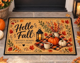 Hello Fall Doormat, Autumn Welcome Mat, Pumpkin Lantern Front Door Rug, Cozy Thanksgiving Porch Decor, Housewarming Gift