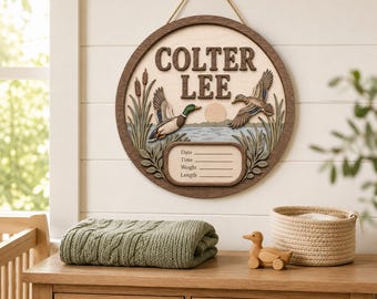Custom Duck Nursery Wooden Sign, Personalized Baby Birth Stats Plaque, 3D Flying Mallard Wall Decor, Outdoor Hunting Lodge Newborn Gift Idea