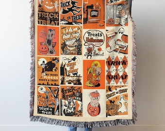 Vintage Halloween Woven Blanket, Trick Or Treat Poster Throw, Retro Ghost Pumpkin Witch Decor, Spooky Fall Home Gift