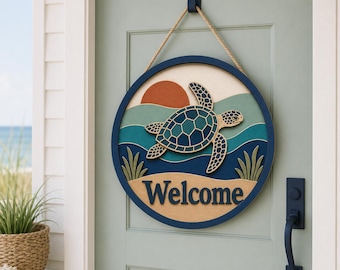 Sea Turtle Welcome Door Hanger, Coastal Ocean Wooden Sign, Beach House Front Door Decor, Summer Porch Wall Art Decor