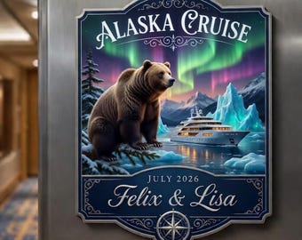 Personalized Alaska Cruise Vinyl Magnet 2026, Custom Couple Voyage Keepsake, Bear Cabin Door Decor, Travel Souvenir, Souvenir Gift