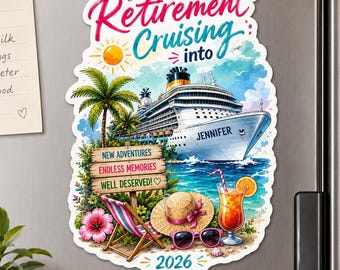 Personalized Retirement Cruise Door Magnet: Tropical Beach Design, Retirement Cruise Magnet for door, Cruise ship