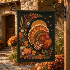 Puede incluir: Una bandera de jardín rectangular que presenta un pavo central con plumas marrones y naranjas sobre un fondo negro. El diseño incluye un borde decorativo de hojas de otoño, tallos de trigo, bellotas, bayas, pequeñas flores blancas y calabazas.
