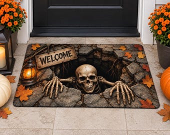 Halloween 3D Skeleton Optical Illusion Welcome Doormat, Creepy Hole Halloween Rug, Spooky Skeleton Floor Mat, Scary Gothic Haunted House