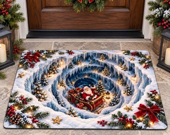 Christmas Santa Claus 3D Illusion Door Mat, Christmas Tree Holiday Floor Decor, Winter Rug, Christmas Rug, Non Slip Festive Floor Mat