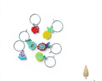 Handmade Beaded Fruit Wine Glass Charms – Set of 6 | Colorful Beadwork Drink Markers | Limited Edition