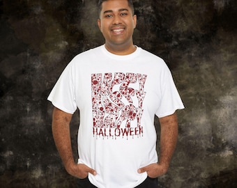 Camiseta unisex para adultos con texto "Happy Halloween sangriento", camiseta de Halloween con salpicaduras de sangre, camiseta de Halloween, camiseta de Halloween aterradora, camiseta de terror