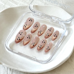 Gold Glitter French Nails with Cherry Rhinestone Press-on Nail Set | Medium Almond | Reusable Handmade Nails for a Classy Look