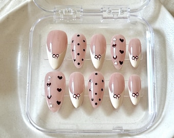 Valentines Pink French Polka Dot, Bow, Heart Handmade Press-on Nail Set | Medium Almond
