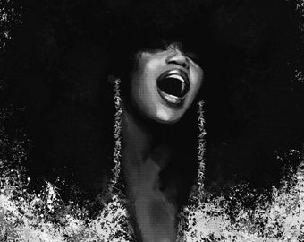 May include: Black and white illustration of a woman with an afro hairstyle singing. The woman is wearing a white and black patterned jacket. The background is a textured black and white pattern.
