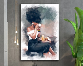 Zwarte vrouw kunstafdruk afrocentrische canvas muurkunst, abstracte hedendaagse portretkunst cadeau