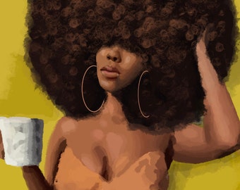 Morning Coffee by ArtsbyAdaa: Black Art, African American Art, Afro Art, Black Art Print, Female Art, Black Female Art, African Wall Art