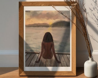 Zwarte vrouw kunstafdruk: canvas muurkunst zonsondergang meer