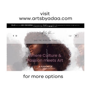 Puede incluir: Captura de pantalla de un sitio web con la direcci&oacute;n "www.artsbyadaa.com". El banner del sitio dice "Where Culture & Passion meets Art", ofreciendo una fusi&oacute;n de arte africano y afroamericano. Tambi&eacute;n se ve el texto "for more options".