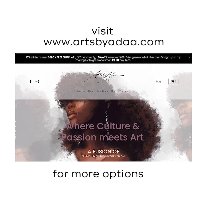 Puede incluir: Captura de pantalla de un sitio web con la direcci&oacute;n "www.artsbyadaa.com". El banner del sitio dice "Where Culture & Passion meets Art", ofreciendo una fusi&oacute;n de arte africano y afroamericano. Tambi&eacute;n se ve el texto "for more options".