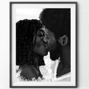 First Kiss Art Print: Black Love, Couple Portrait, African American Wall Art