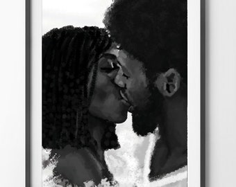 Lámina artística "Primer beso": Amor negro, retrato de pareja, arte mural afroamericano.