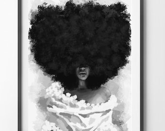 Lámina de arte africano en blanco y negro, 'Su corona', Mujer afroamericana