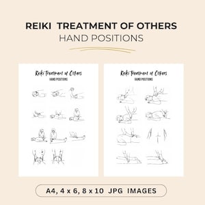 以下が含まれることがあります： 他者のためのレイキ治療の手のポジションを示す2つの白黒のイラスト。イラストは、仰向けに寝ている人と、施術者が体のさまざまな部分に手を置いている様子を示しています。画像には、「Reiki Treatment of Others」と「Hand Positions」のテキストが含まれています。