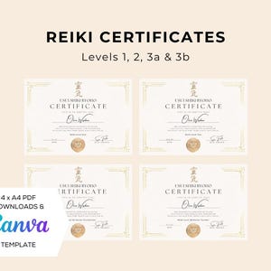 以下が含まれることがあります： 金と白のデザインの印刷可能なレイキ証明書が4つあります。証明書はレベル1、2、3a、3b用です。証明書に書かれているテキストは「USUI SHIKI RYOHO CERTIFICATE」です。