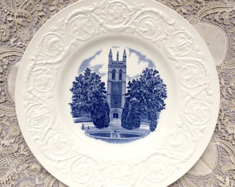 Antique Collectable Large Wedgewood Plate. Patrician Paignton Pattern Patrician. Raised scroll design, old church in indigo/cobalt blue