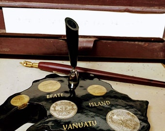 Vintage desk pen holder, Vanuatu desk set, vintage coins, vintage desk set, vintage desk holder, wood and resin 1970s